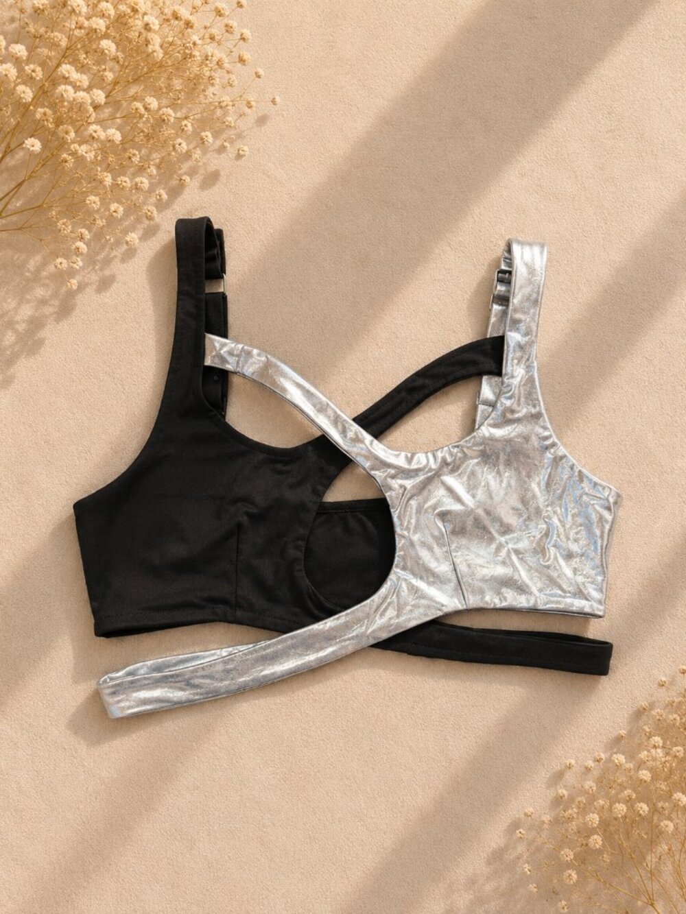 SHEIN Black & Silver Cutout Crop Top Size M (Runs Large) Festival Rave Y2K